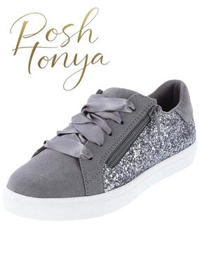 Brash Glitter Side Zip Fashion Sneakers Gray Youth Size 4 Womens 6 Casual Preppy